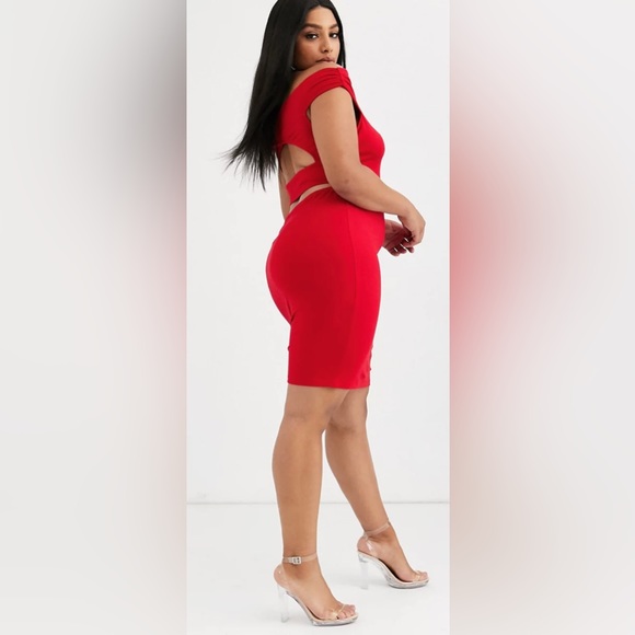 ASOS DESIGN Curve Back Cut Out, Off the Shoulder Red Dress - Picture 4 of 4